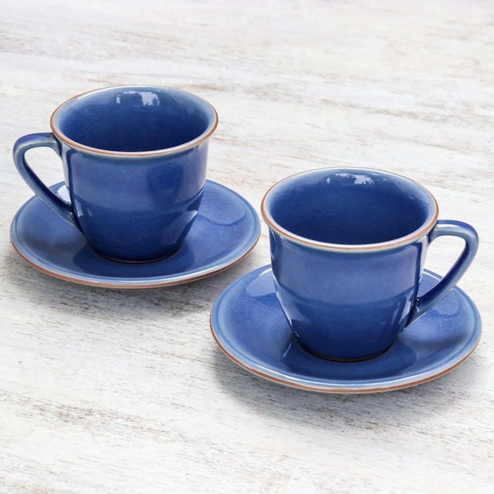 Handcrafted Blue Crackle Ceramic Cups and Saucers Pair 'Sublime Simplicity'