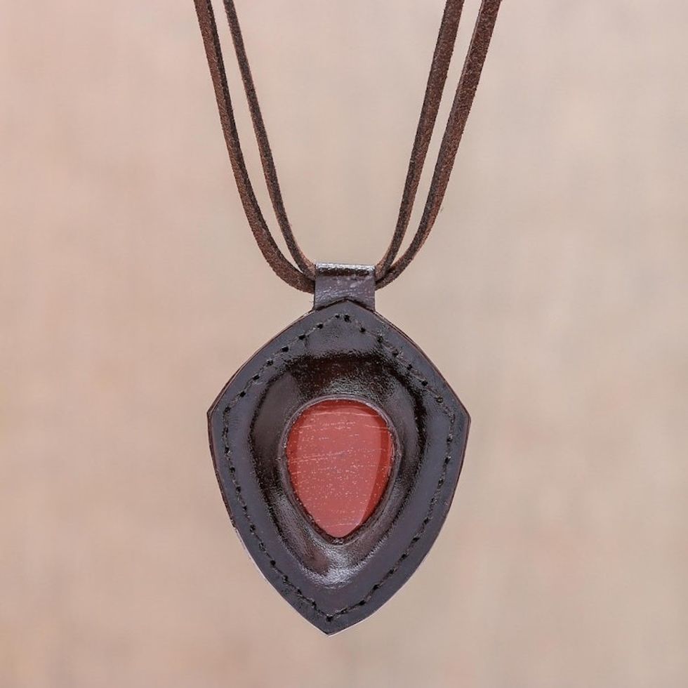 Jasper and Leather Pendant Necklace from Thailand 'Bold Shield'