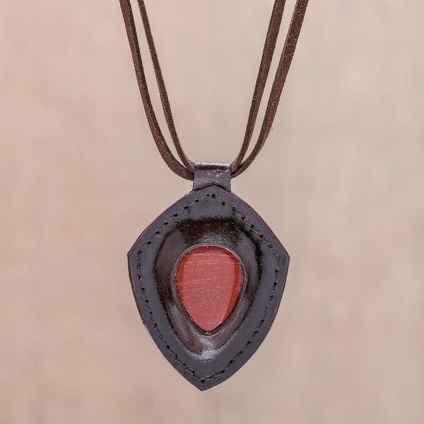 Alternate image for Jasper and Leather Pendant Necklace from Thailand Bold Shield