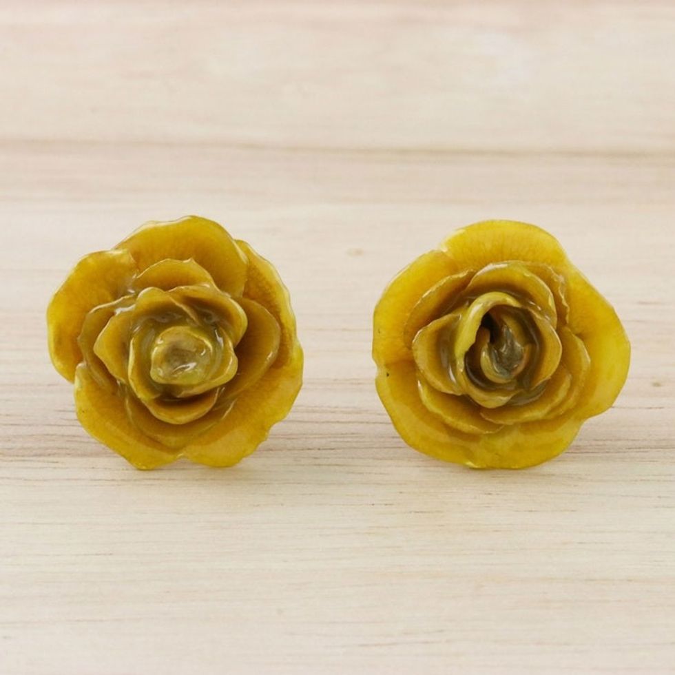 Resin Dipped Yellow Real Miniature Rose Button Earrings 'Petite Rose in Yellow'