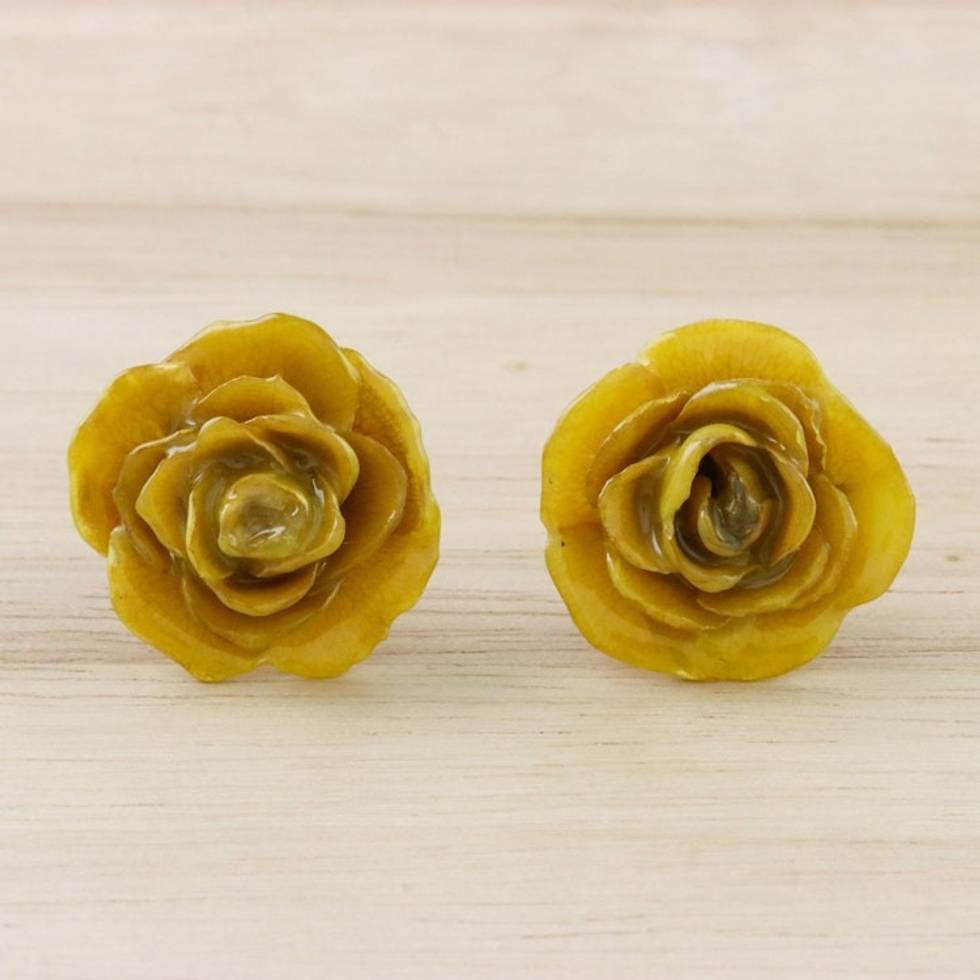 Resin Dipped Yellow Real Miniature Rose Button Earrings 'Petite Rose in Yellow'