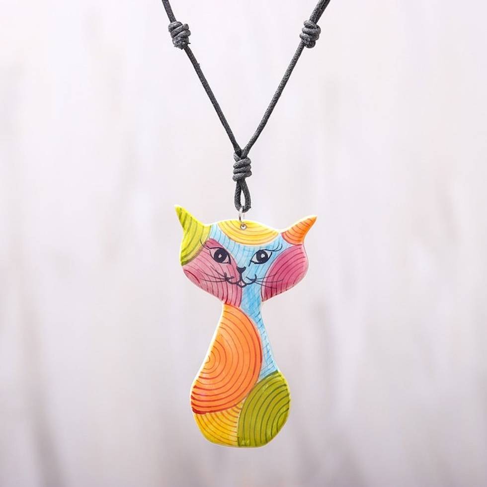 Colorful Ceramic Cat Pendant Necklace from Thailand 'Rainbow Cat'