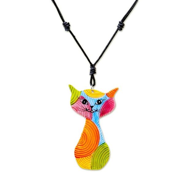 Alternate image for Colorful Ceramic Cat Pendant Necklace from Thailand Rainbow Cat