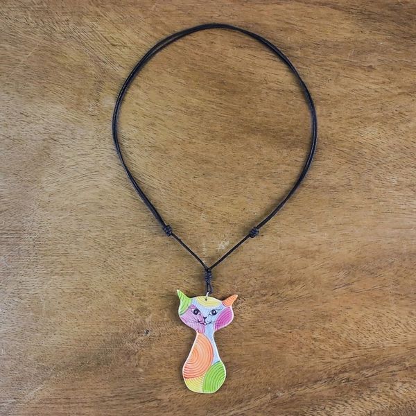Alternate image for Colorful Ceramic Cat Pendant Necklace from Thailand Rainbow Cat