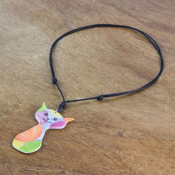 Alternate image for Colorful Ceramic Cat Pendant Necklace from Thailand Rainbow Cat