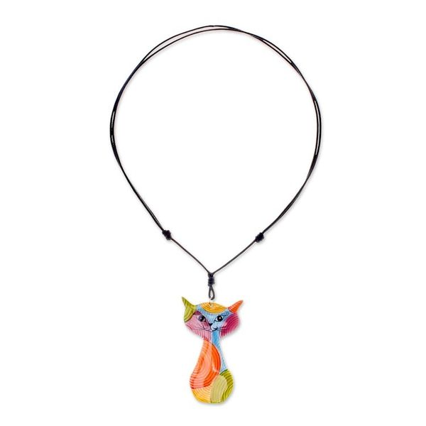 Alternate image for Colorful Ceramic Cat Pendant Necklace from Thailand Rainbow Cat