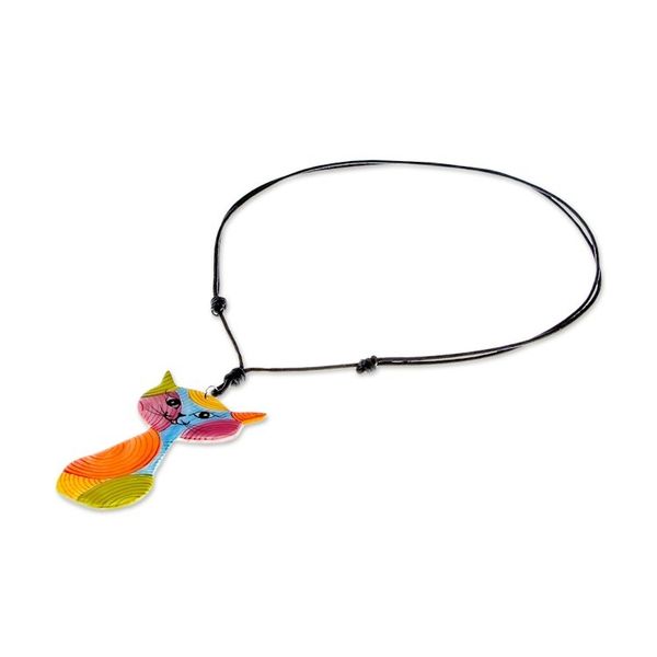 Alternate image for Colorful Ceramic Cat Pendant Necklace from Thailand Rainbow Cat