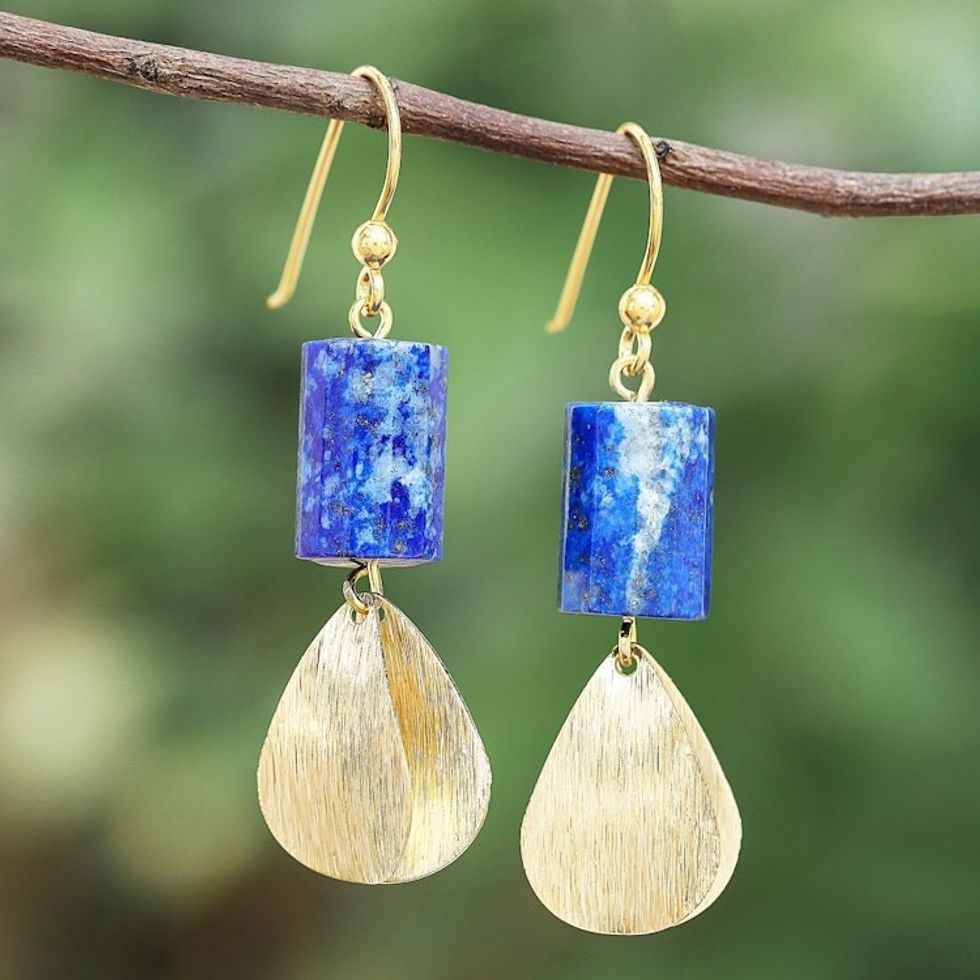 Cylindrical Lapis Lazuli Dangle Earrings from Thailand 'Blue Cylinder'
