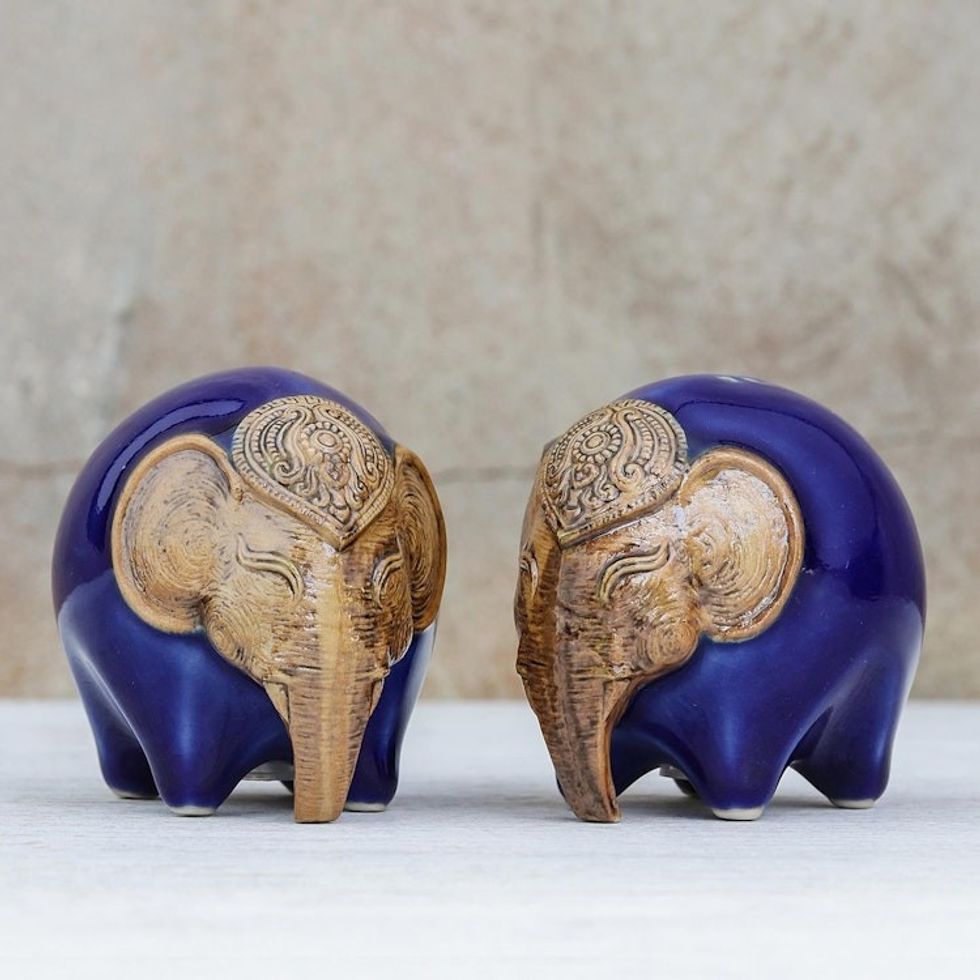 Ceramic Elephant Salt and Pepper Shakers in Blue Pair 'Round Elephants in Blue'