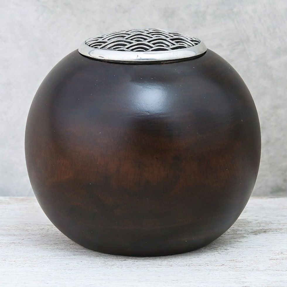 Wave Motif Wood and Pewter Decorative Jar 5 inch 'The Wave'