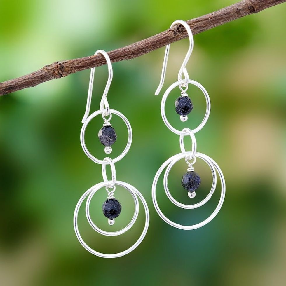 Circle Pattern Onyx Dangle Earrings from Thailand 'Great Universe'