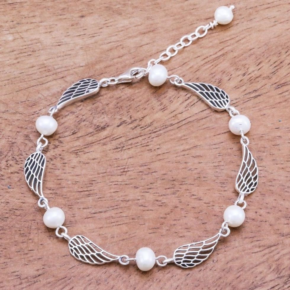 Thai Handcrafted Cultured Pearl Bracelet with Silver Wings 'Flying Free'