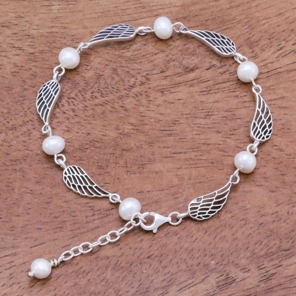 Alternate image for Thai Handcrafted Cultured Pearl Bracelet with Silver Wings Flying Free
