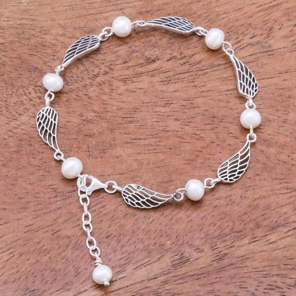 Alternate image for Thai Handcrafted Cultured Pearl Bracelet with Silver Wings Flying Free