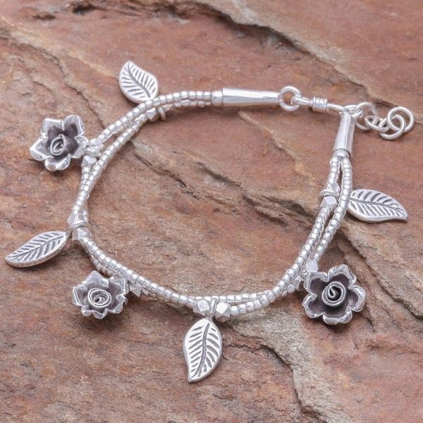 Alternate image for Karen Silver Double Strand Beaded Floral Charm Bracelet Thai Garden