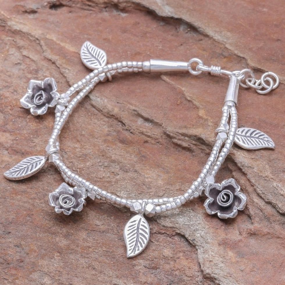 Karen Silver Double Strand Beaded Floral Charm Bracelet 'Thai Garden'