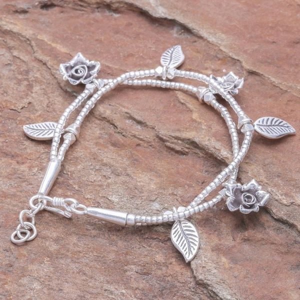 Alternate image for Karen Silver Double Strand Beaded Floral Charm Bracelet Thai Garden