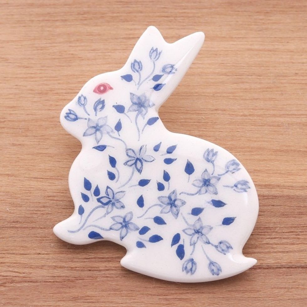 Bunny Rabbit Brooch Pin with Hand Painted Flowers 'Blue and White Floral Rabbit'