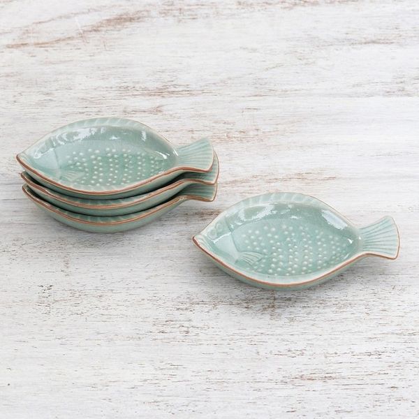 Alternate image for Handcrafted Celadon Ceramic Fish Appetizer Dishes Set of 4 Spotted Swimmers