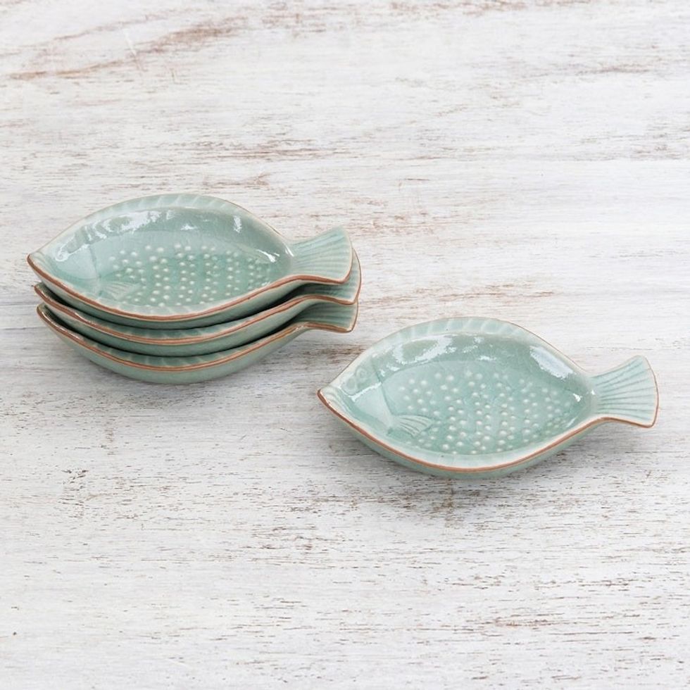 Handcrafted Celadon Ceramic Fish Appetizer Dishes Set of 4 'Spotted Swimmers'