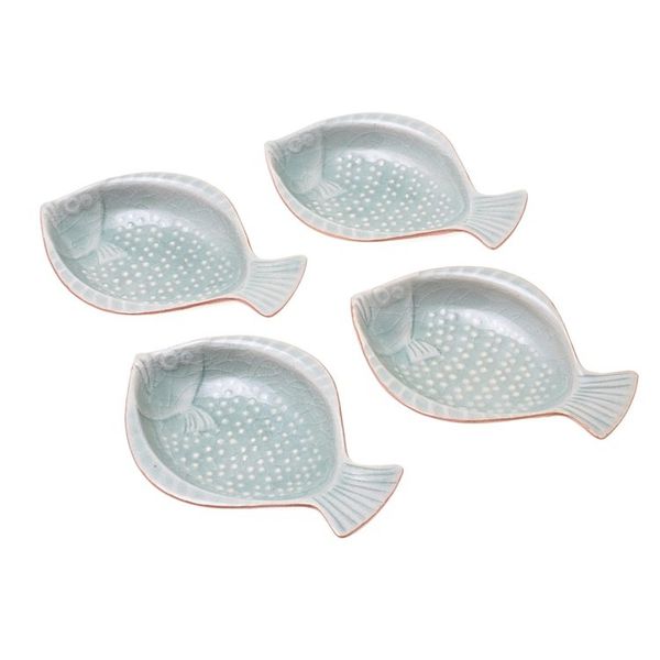 Alternate image for Handcrafted Celadon Ceramic Fish Appetizer Dishes Set of 4 Spotted Swimmers