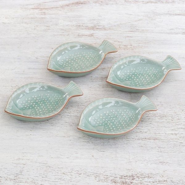 Alternate image for Handcrafted Celadon Ceramic Fish Appetizer Dishes Set of 4 Spotted Swimmers
