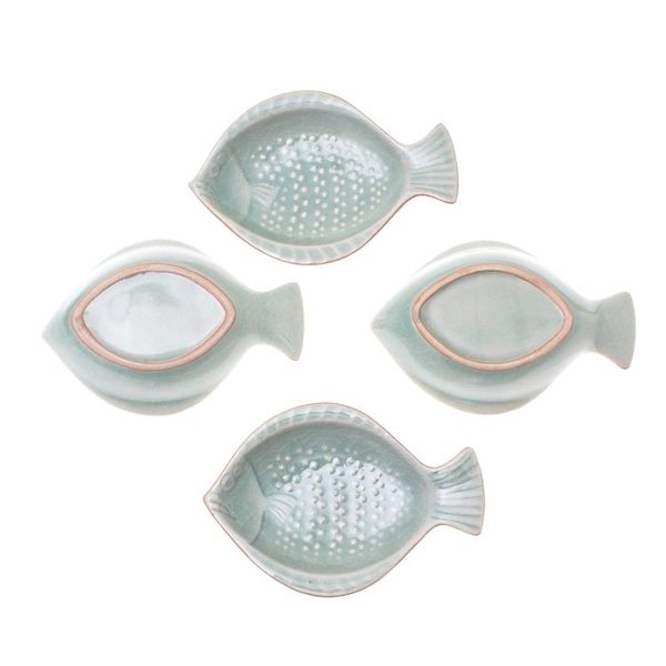Alternate image for Handcrafted Celadon Ceramic Fish Appetizer Dishes Set of 4 Spotted Swimmers