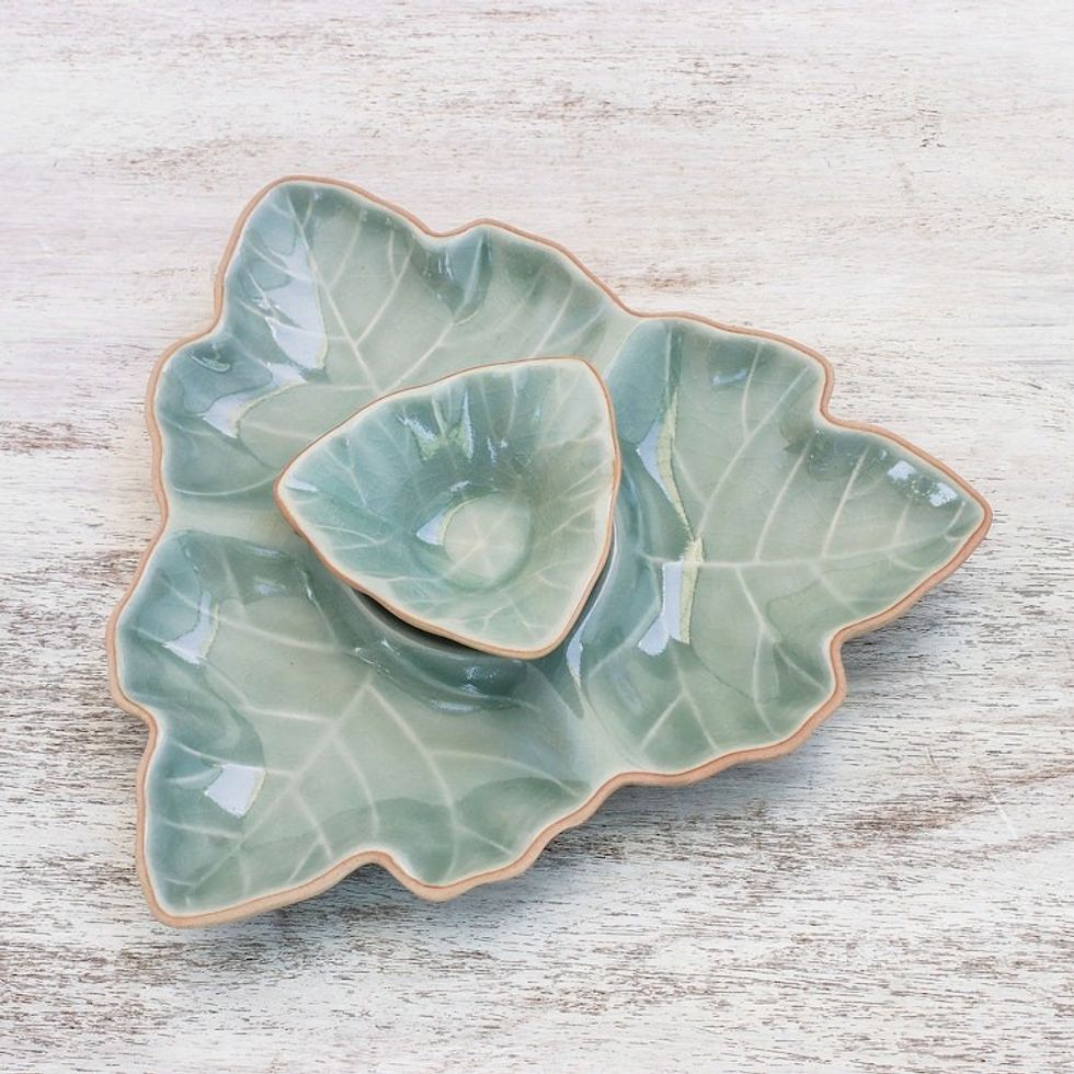 Green Leaf Celadon Ceramic Appetizer Dishes Pair 'Maple Leaf'
