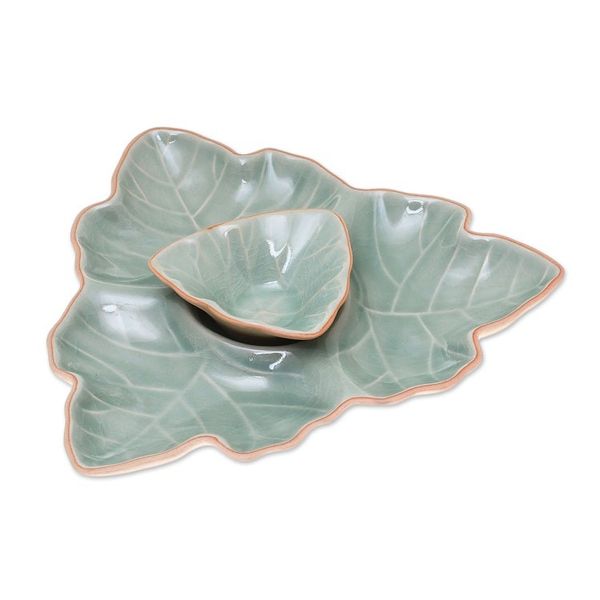 Alternate image for Green Leaf Celadon Ceramic Appetizer Dishes Pair Maple Leaf