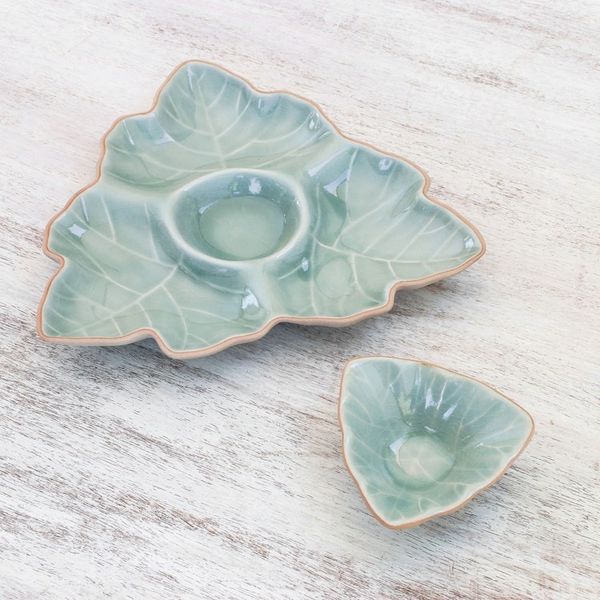 Alternate image for Green Leaf Celadon Ceramic Appetizer Dishes Pair Maple Leaf