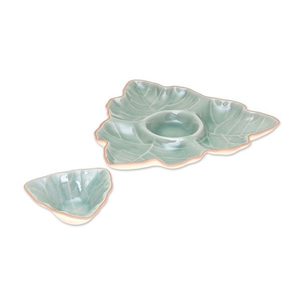 Alternate image for Green Leaf Celadon Ceramic Appetizer Dishes Pair Maple Leaf