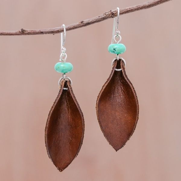 Alternate image for Leather Leaf Dangle Earrings Brown Leaves