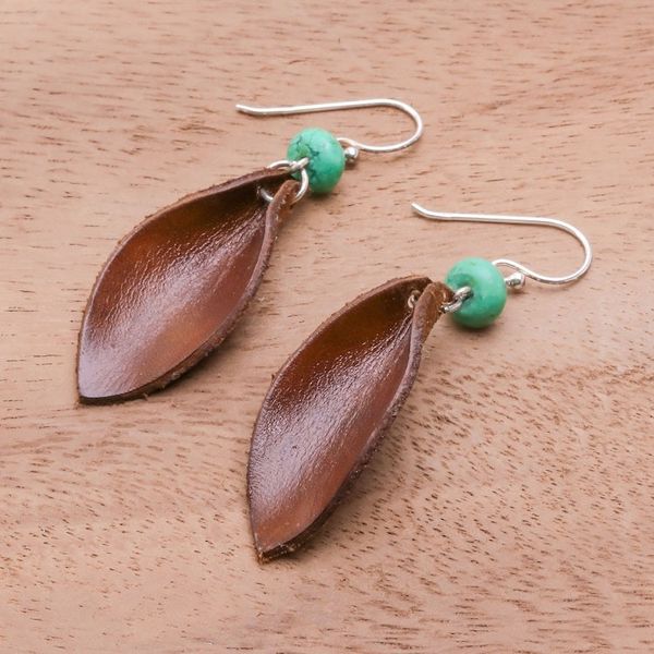Alternate image for Leather Leaf Dangle Earrings Brown Leaves