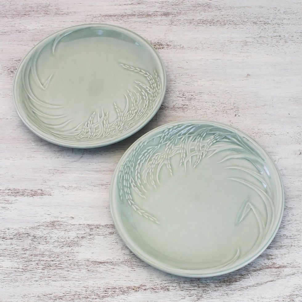 Celadon Ceramic Plates from Thailand Pair 'Thai Rice'