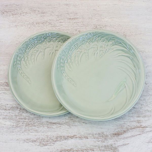 Alternate image for Celadon Ceramic Plates from Thailand Pair Thai Rice