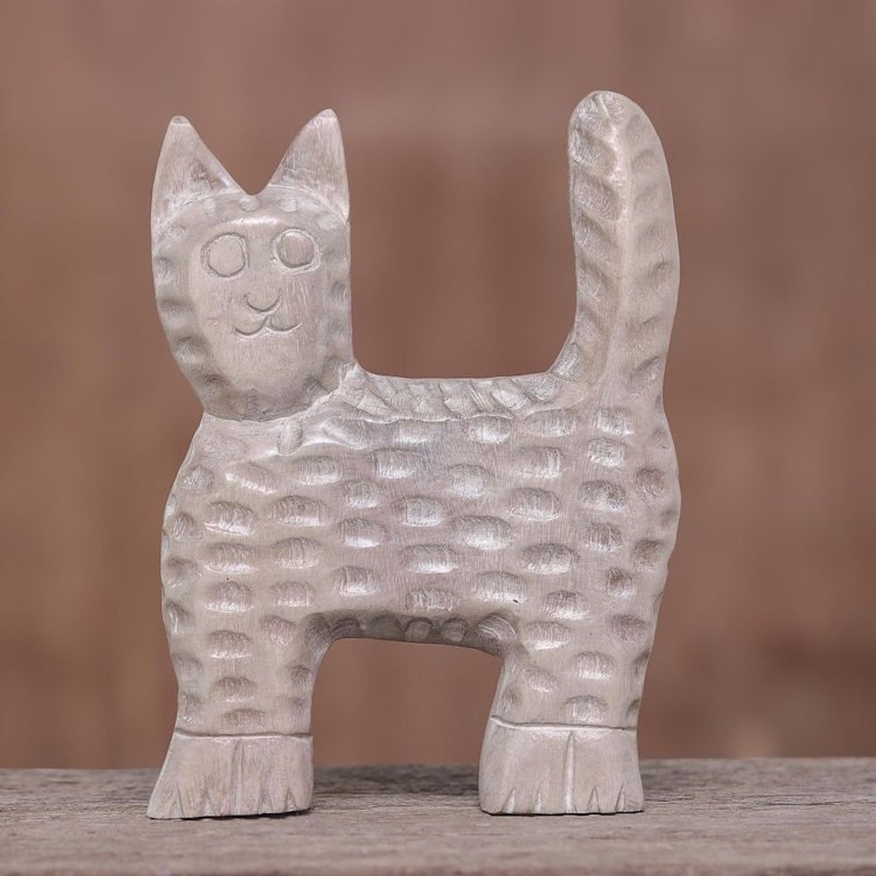 Distressed Raintree Wood Cat Sculpture from Thailand 'The Cat'