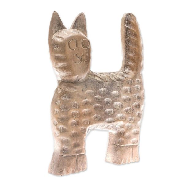 Alternate image for Distressed Raintree Wood Cat Sculpture from Thailand The Cat