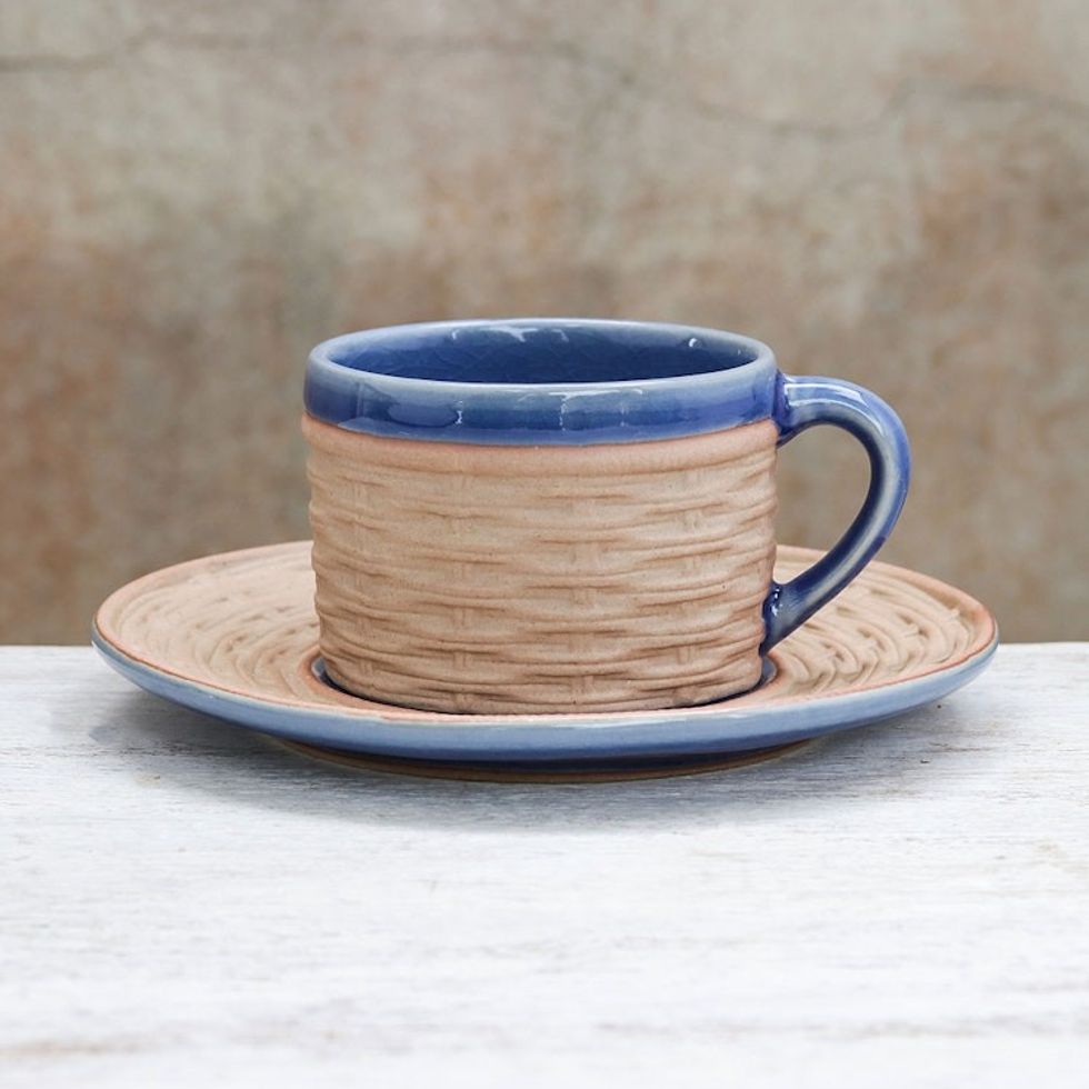 Handcrafted Wicker Motif Blue Ceramic Cup and Saucer 'Wicker in Blue'