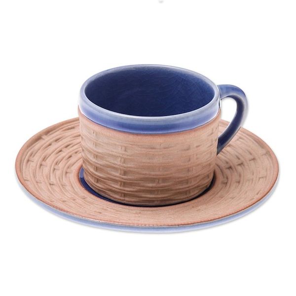 Alternate image for Handcrafted Wicker Motif Blue Ceramic Cup and Saucer Wicker in Blue