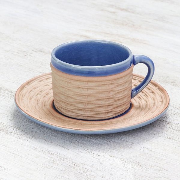 Alternate image for Handcrafted Wicker Motif Blue Ceramic Cup and Saucer Wicker in Blue