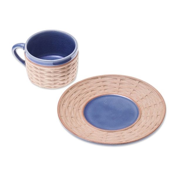 Alternate image for Handcrafted Wicker Motif Blue Ceramic Cup and Saucer Wicker in Blue