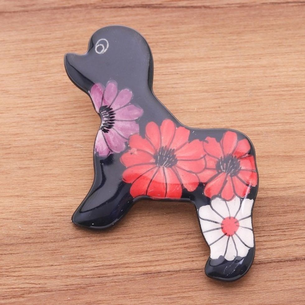 Hand Painted Black Poodle Dog Brooch Pin with Flowers 'Black Floral Poodle'