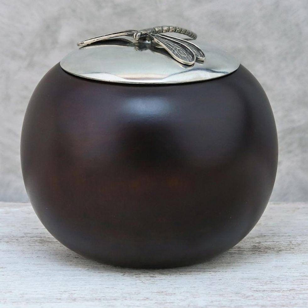 Wood and Pewter Dragonfly Decorative Jar 4 in. 'The Dragonfly'
