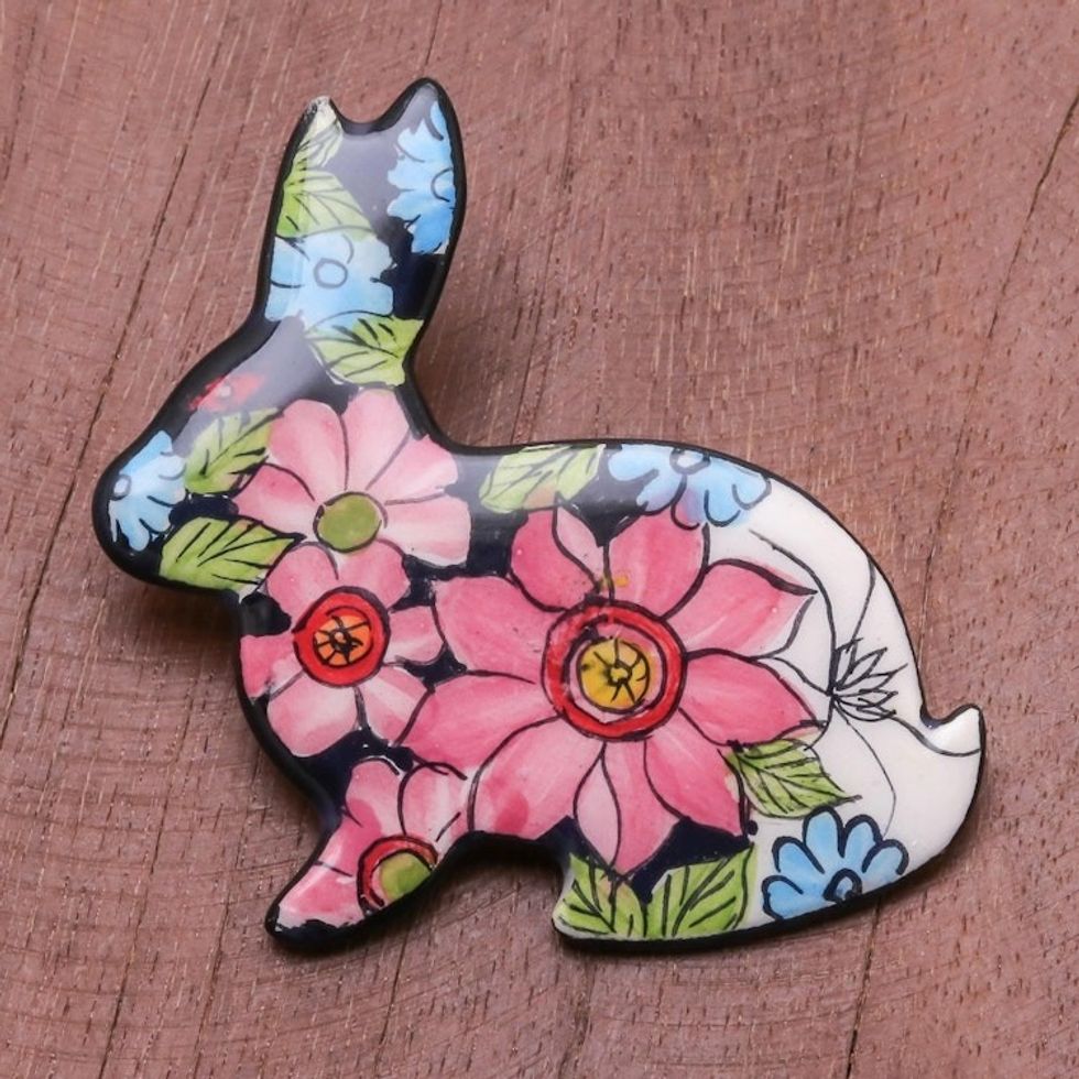Hand-Painted Floral Ceramic Rabbit Brooch from Thailand 'Garden Rabbit'