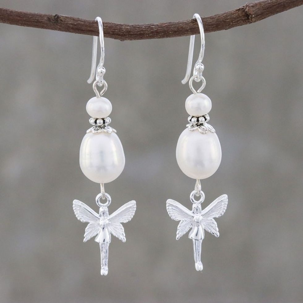 Angel Themed Cultured Pearl Dangle Earrings from Thailand 'My Sweet Angel'