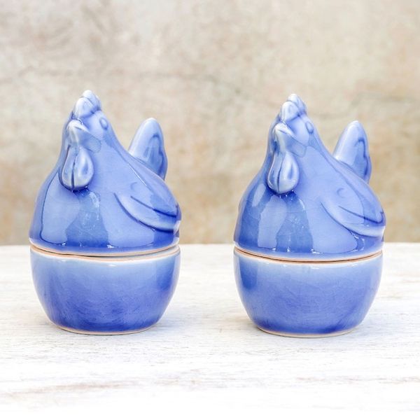 Alternate image for Blue Ceramic Hen Egg Cups from Thailand Pair Hen Breakfast