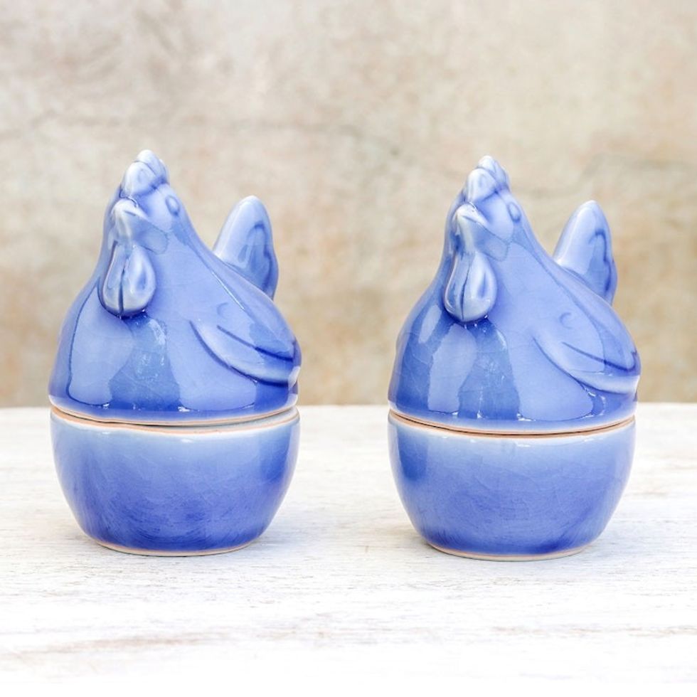 Blue Ceramic Hen Egg Cups from Thailand Pair 'Hen Breakfast'