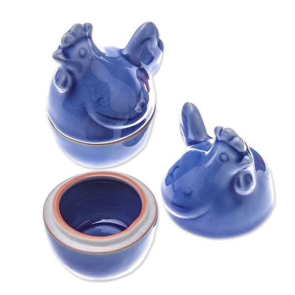 Alternate image for Blue Ceramic Hen Egg Cups from Thailand Pair Hen Breakfast