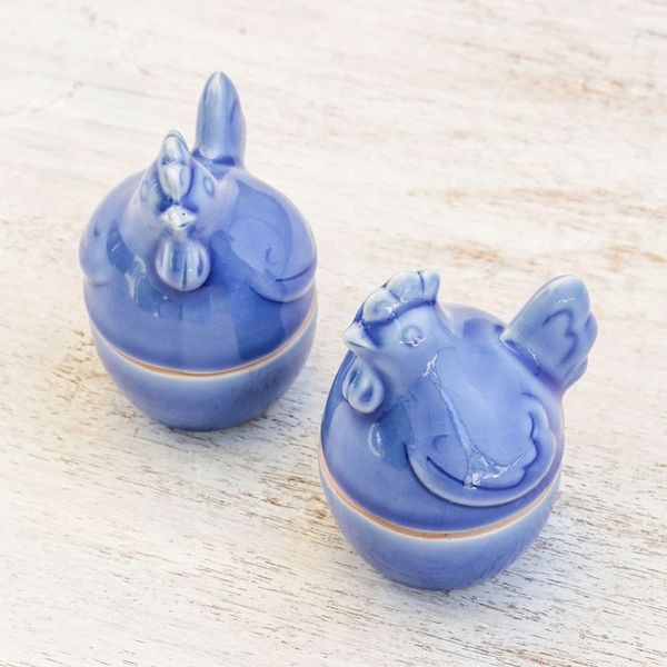 Alternate image for Blue Ceramic Hen Egg Cups from Thailand Pair Hen Breakfast