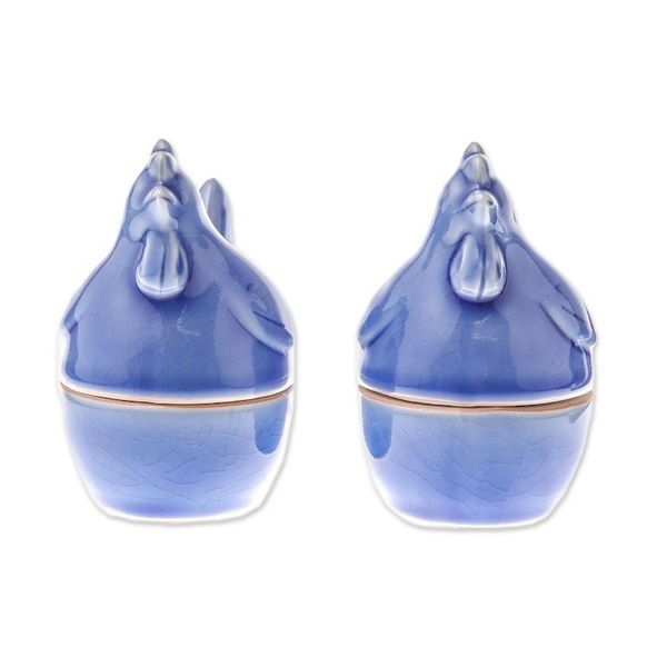 Alternate image for Blue Ceramic Hen Egg Cups from Thailand Pair Hen Breakfast
